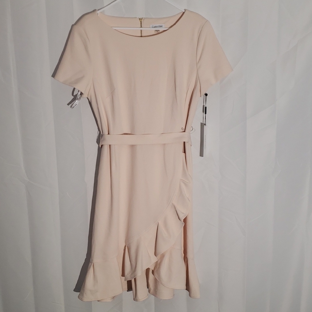 Calvin Klein Blush Pink Peach Ruffle Hem Dress NWT 14